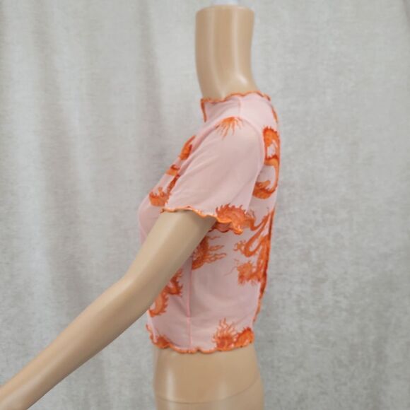 Just Polly Orange Sheer Mesh Dragon Crop Top Tee - Picture 5 of 8